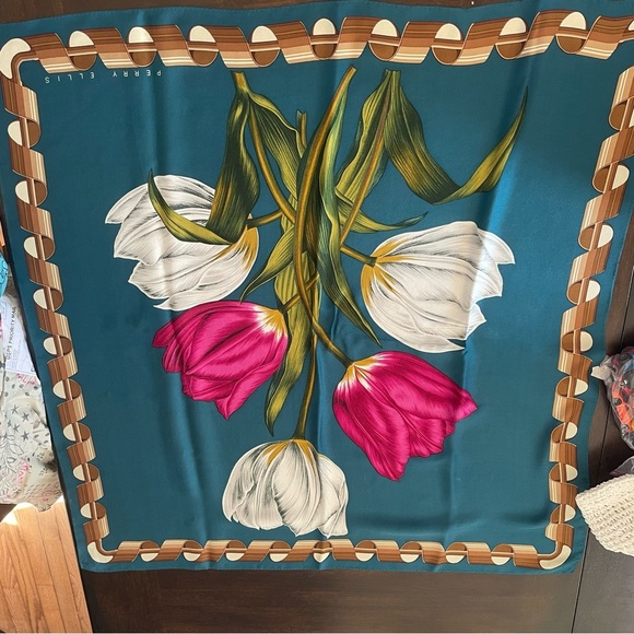 Vintage Perry Ellis Teal Pink White Tulip Flowers Floral 100% Silk Scarf 31" - Picture 2 of 9